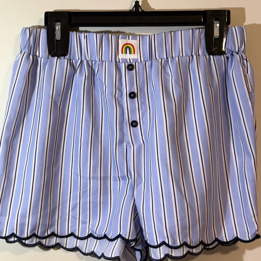 Rae Dunn Women’s Small 2 piece pajama top and shorts white‎ and blue stripes NWT